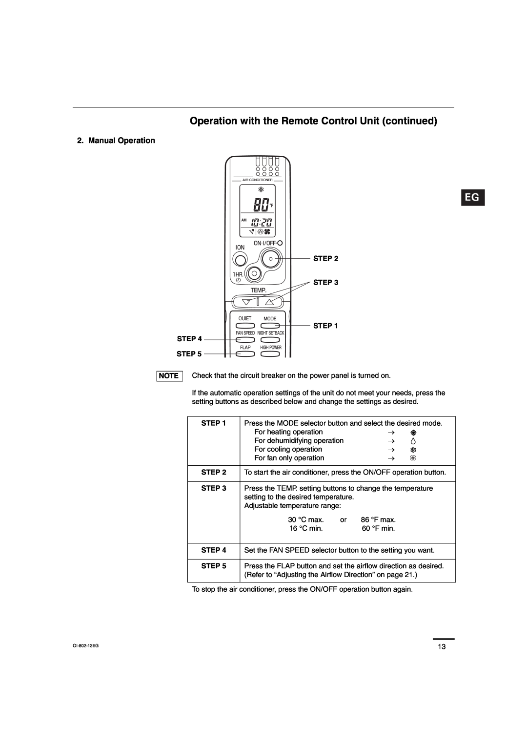 Sanyo CH1271, CH0971 service manual Operation with the Remote Control Unit continued, Manual Operation 