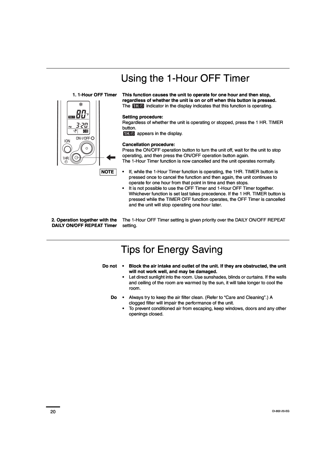 Sanyo CH0971, CH1271 service manual Using the 1-HourOFF Timer, Tips for Energy Saving 