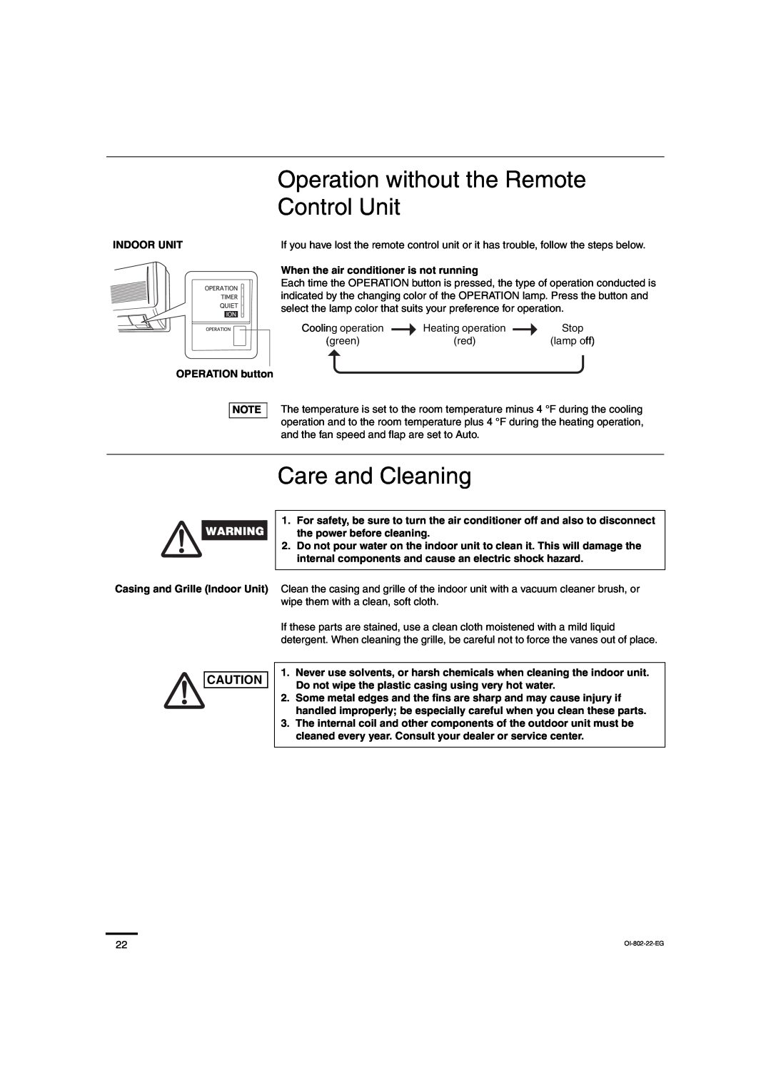 Sanyo CH0971, CH1271 service manual Operation without the Remote Control Unit, Care and Cleaning 