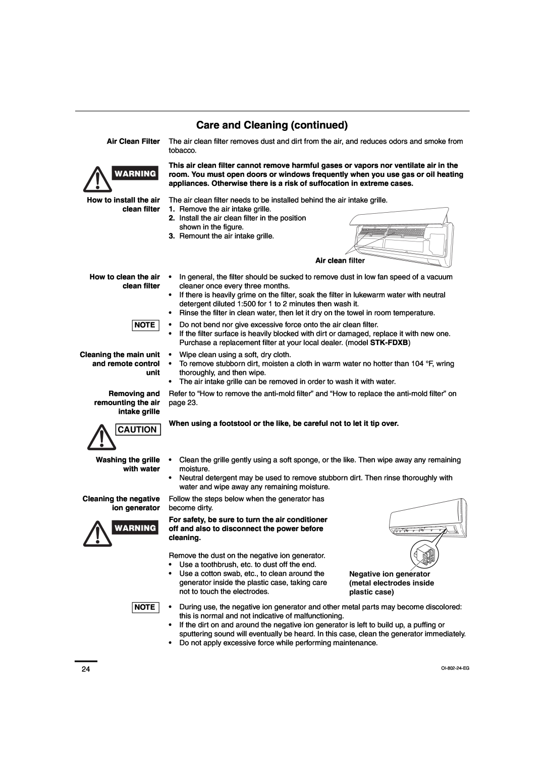 Sanyo CH0971, CH1271 service manual Care and Cleaning continued, Air Clean Filter 