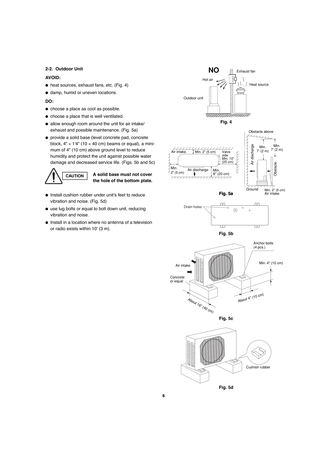 Sanyo CH1271, CH0971 service manual Outdoor Unit AVOID, A solid base must not cover 