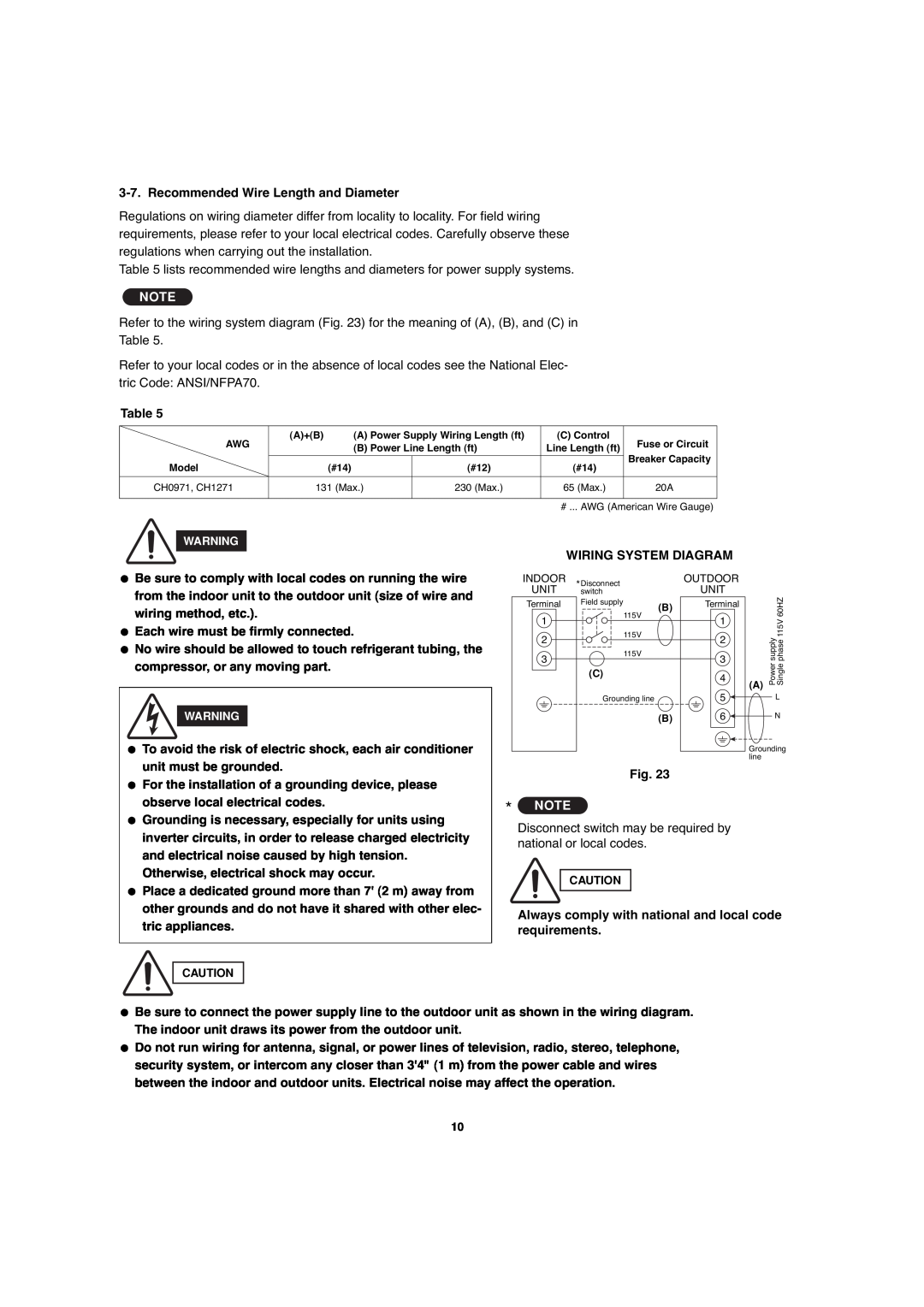 Sanyo CH0971, CH1271 service manual Recommended Wire Length and Diameter 