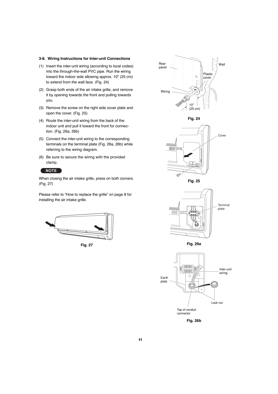 Sanyo CH1271 Wiring Instructions for Inter-unitConnections, b, Rear, Wall, panel, Plastic cover Wiring 10 25 cm, Cover 