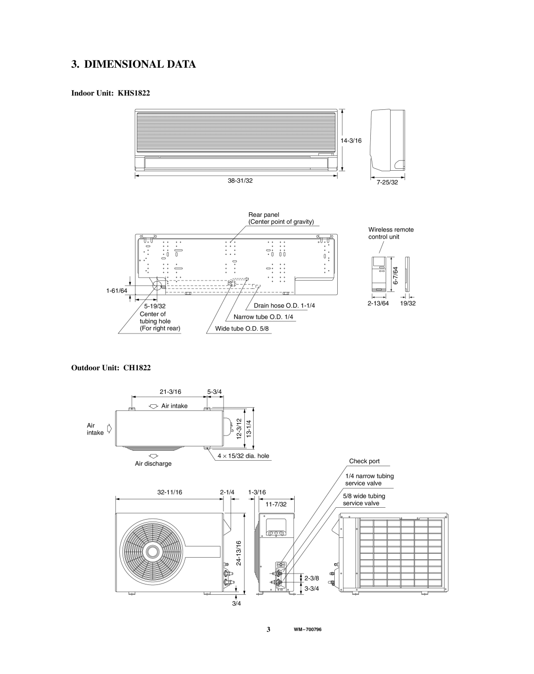 Sanyo service manual Dimensional Data, Indoor Unit KHS1822, Outdoor Unit CH1822 