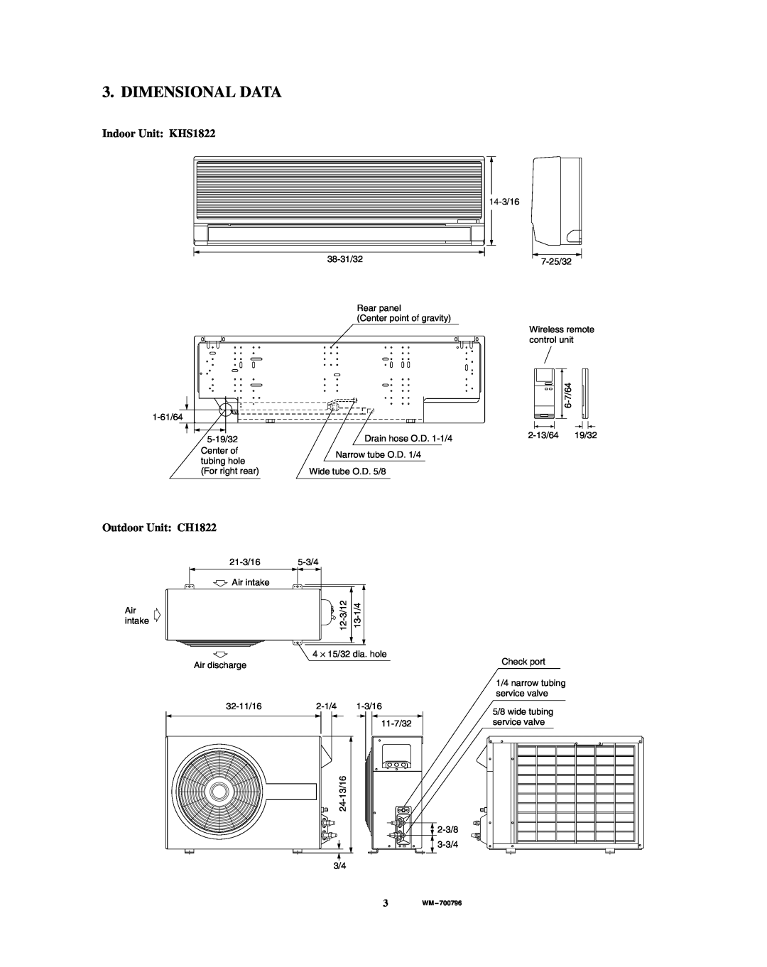 Sanyo service manual Dimensional Data, Indoor Unit KHS1822, Outdoor Unit: CH1822 