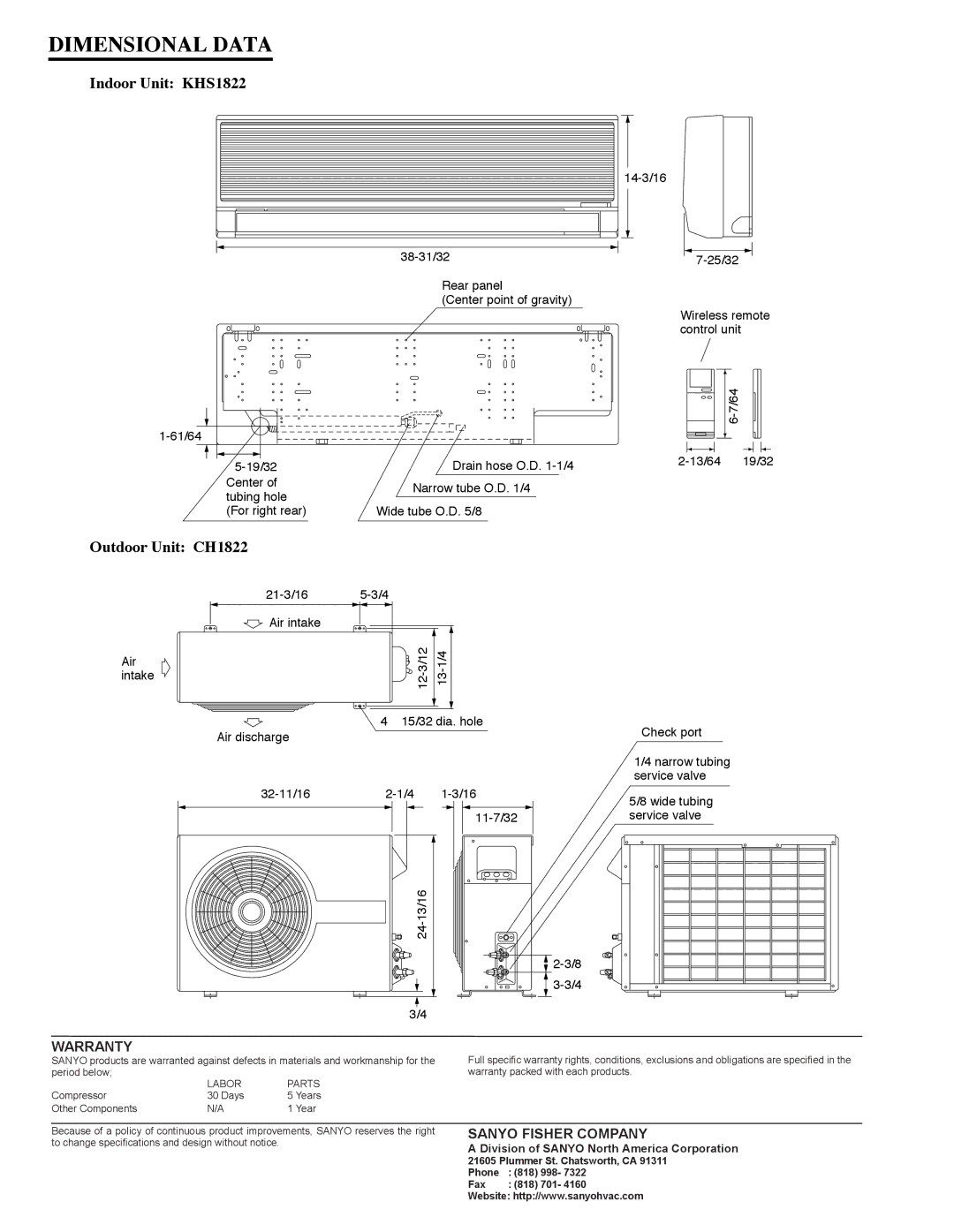 Sanyo warranty Dimensional Data, Indoor Unit KHS1822, Outdoor Unit CH1822, Warranty, Sanyo Fisher Company 