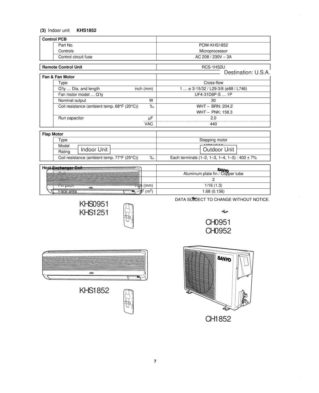 Sanyo KHS1852-S, CH1852, CH0952 service manual Indoor unit KHS1852 