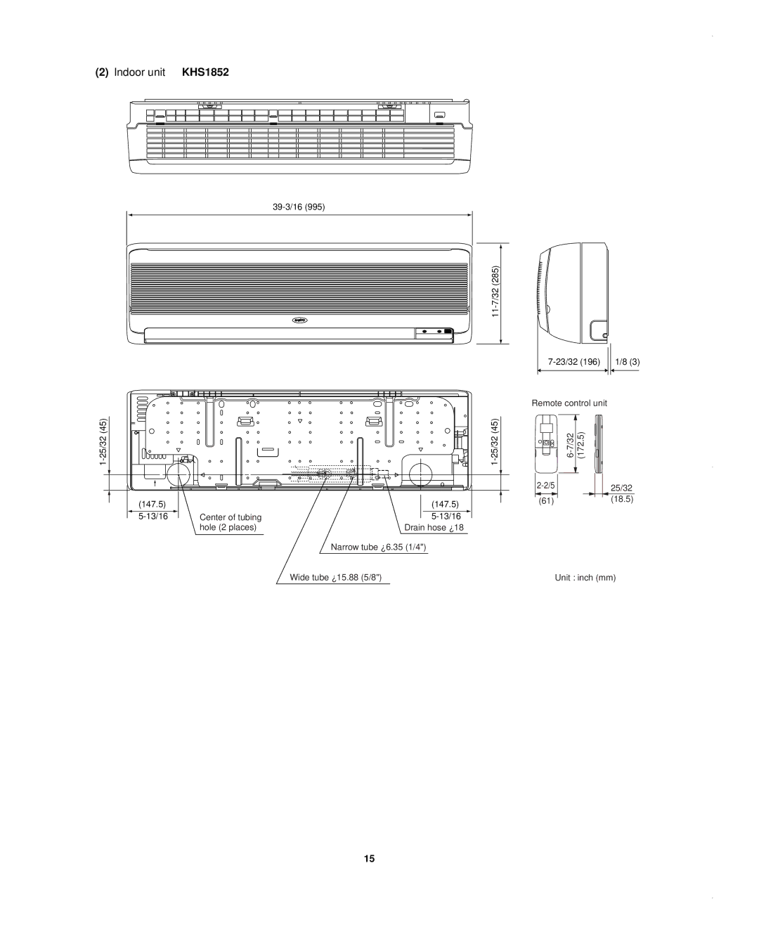 Sanyo CH0952, CH1852, KHS1852-S service manual 39-3/16 11-7/32 23/32 25/32 Remote control unit 147.5 