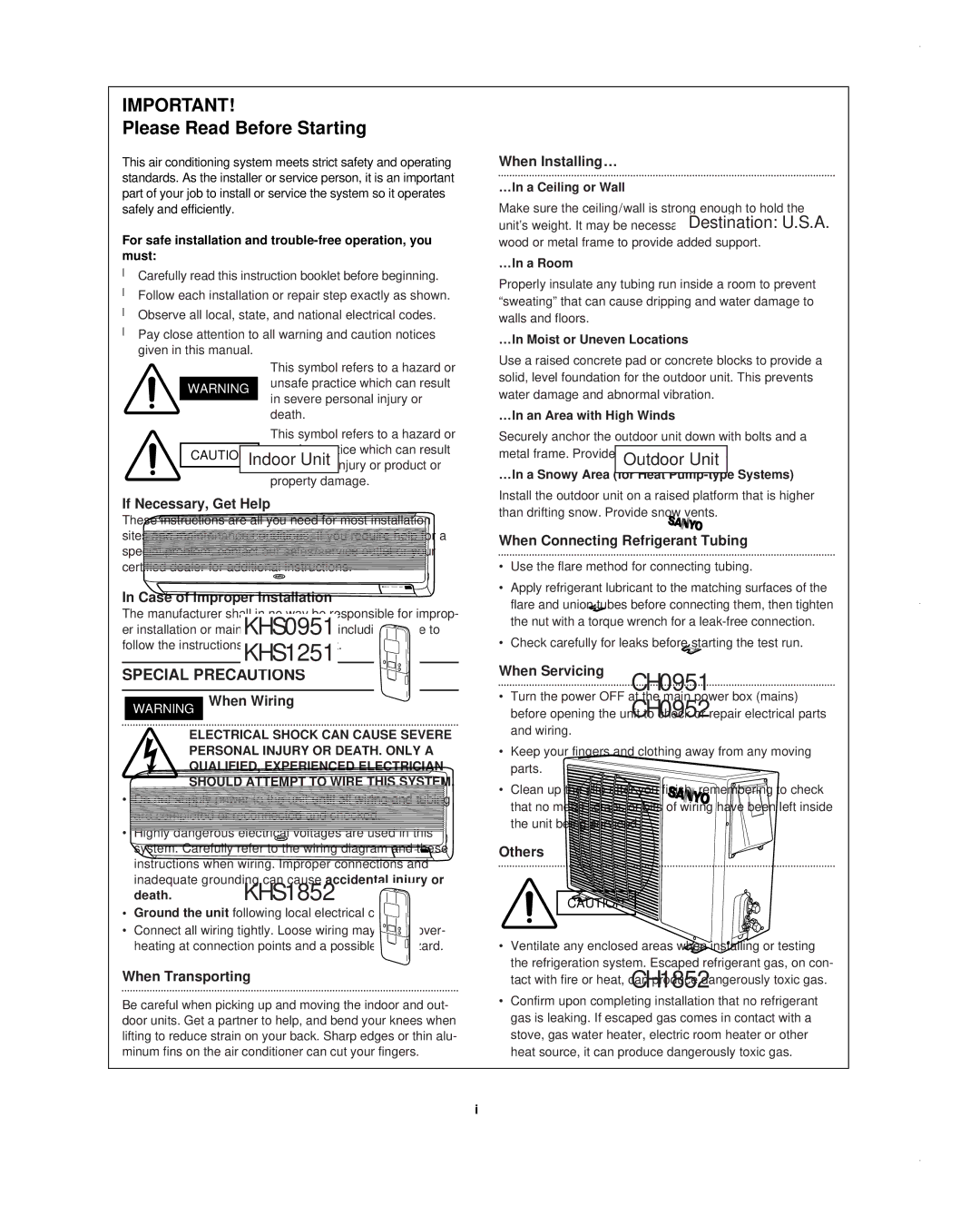 Sanyo KHS1852-S If Necessary, Get Help, Case of Improper Installation, When Installing…, When Servicing When Wiring 