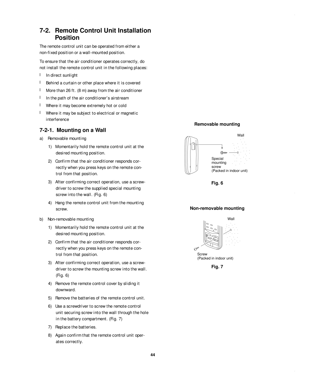 Sanyo CH1852 Remote Control Unit Installation Position, Mounting on a Wall, Removable mounting, Non-removable mounting 