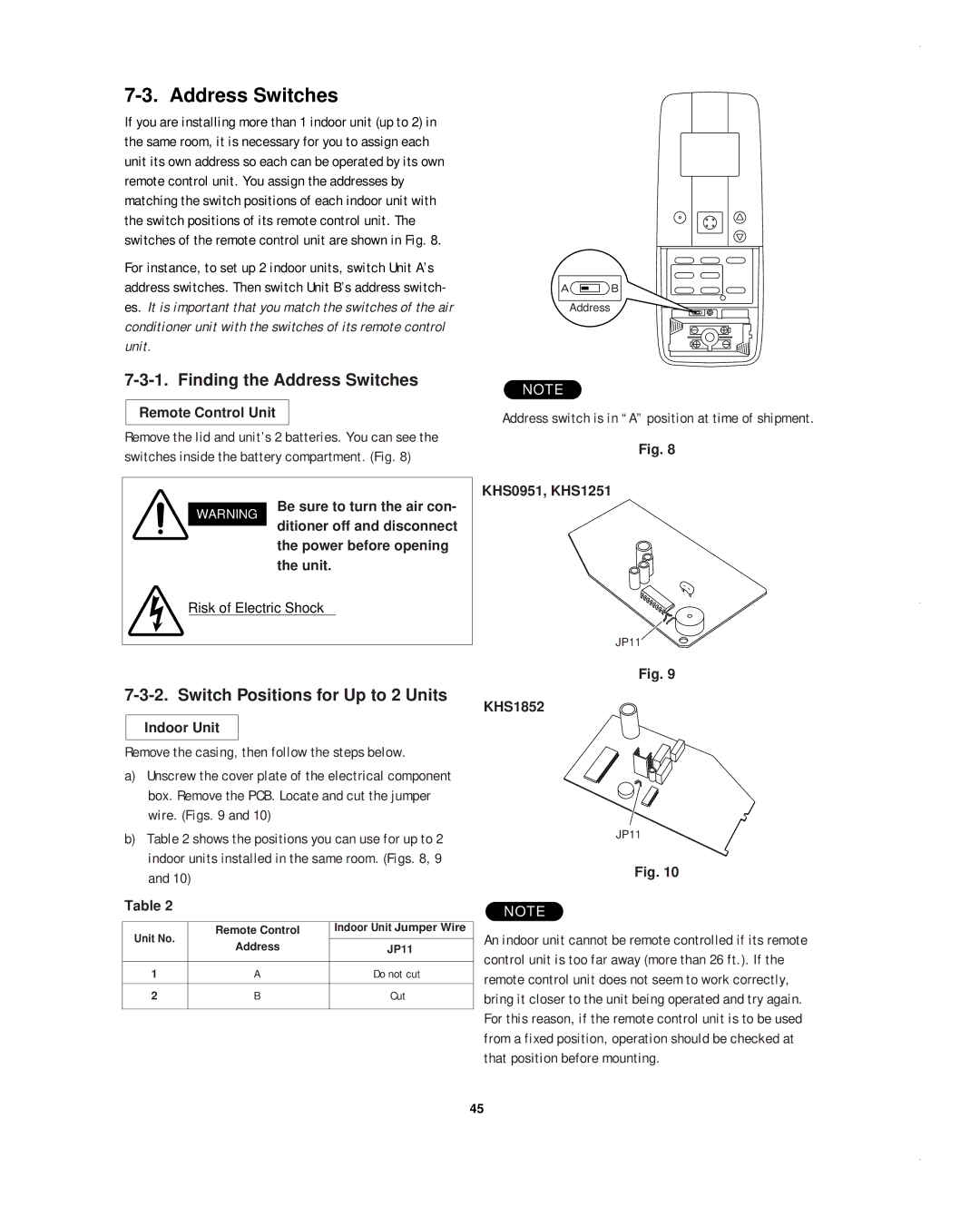 Sanyo CH0952, CH1852, KHS1852-S Finding the Address Switches, Switch Positions for Up to 2 Units, Remote Control Unit 