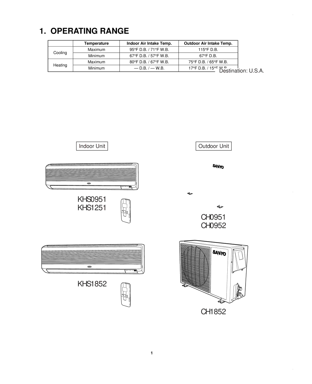 Sanyo KHS1852-S, CH1852, CH0952 service manual Operating Range, Temperature Indoor Air Intake Temp Outdoor Air Intake Temp 