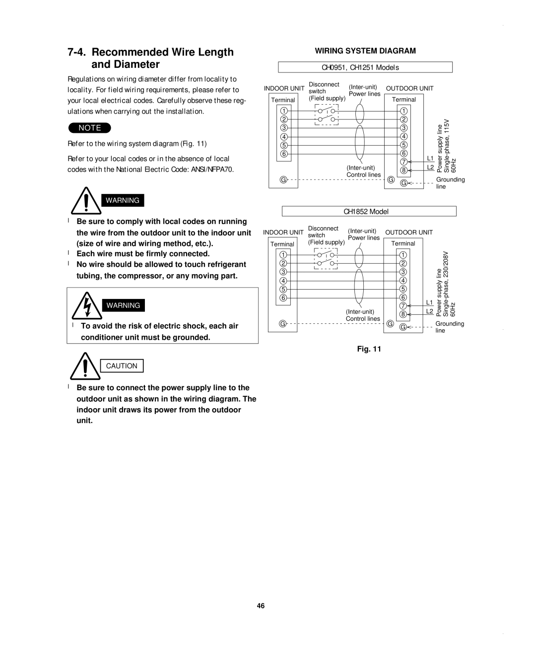 Sanyo KHS1852-S, CH1852, CH0952 service manual Recommended Wire Length and Diameter, Wiring System Diagram 