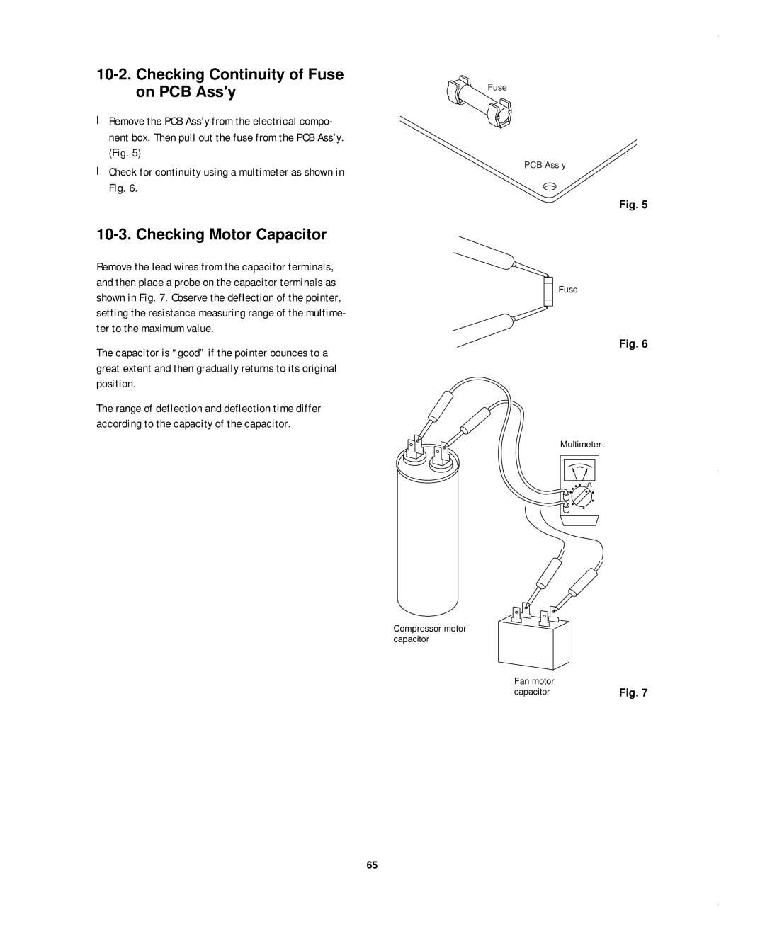 Sanyo CH1852, CH0952, KHS1852-S service manual Checking Continuity of Fuse on PCB Assy, Checking Motor Capacitor 