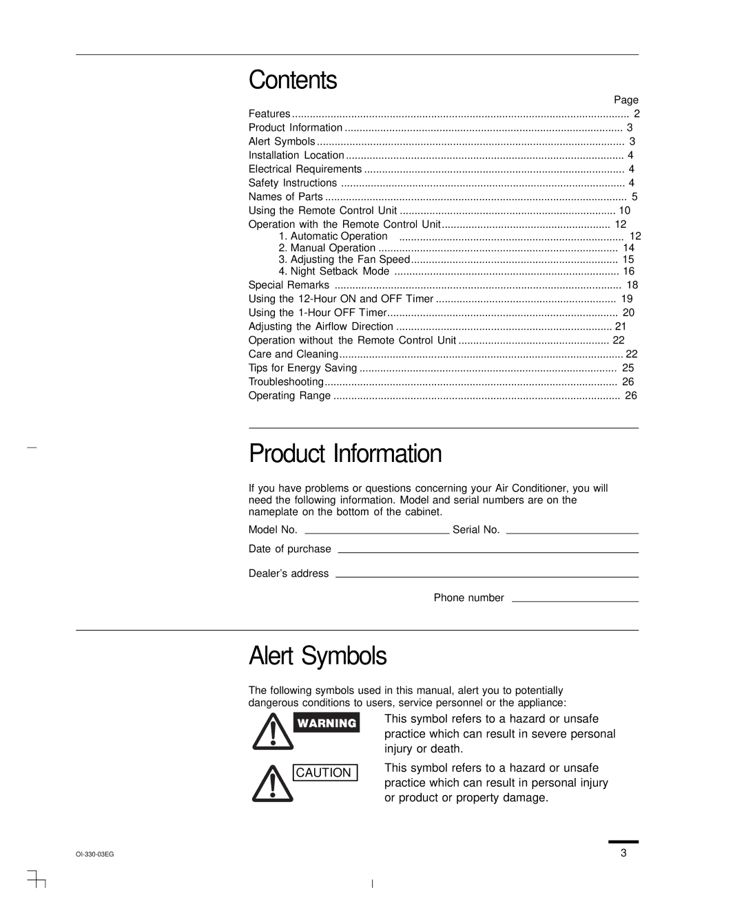 Sanyo KHS1852-S, CH1852, CH0952 service manual Contents, Product Information, Alert Symbols 