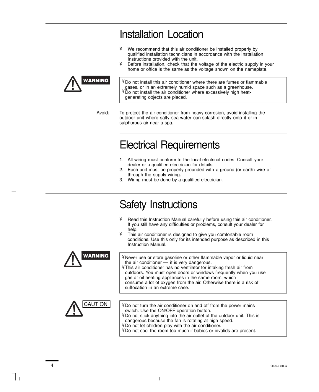 Sanyo CH1852, CH0952, KHS1852-S service manual Installation Location, Electrical Requirements, Safety Instructions 