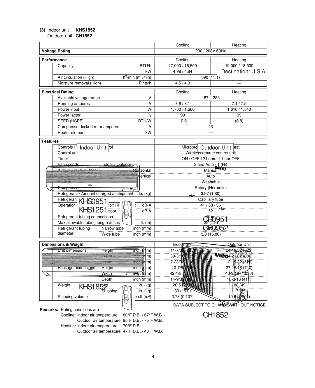 Sanyo KHS1852-S, CH0952 service manual Indoor unit KHS1852 Outdoor unit CH1852 