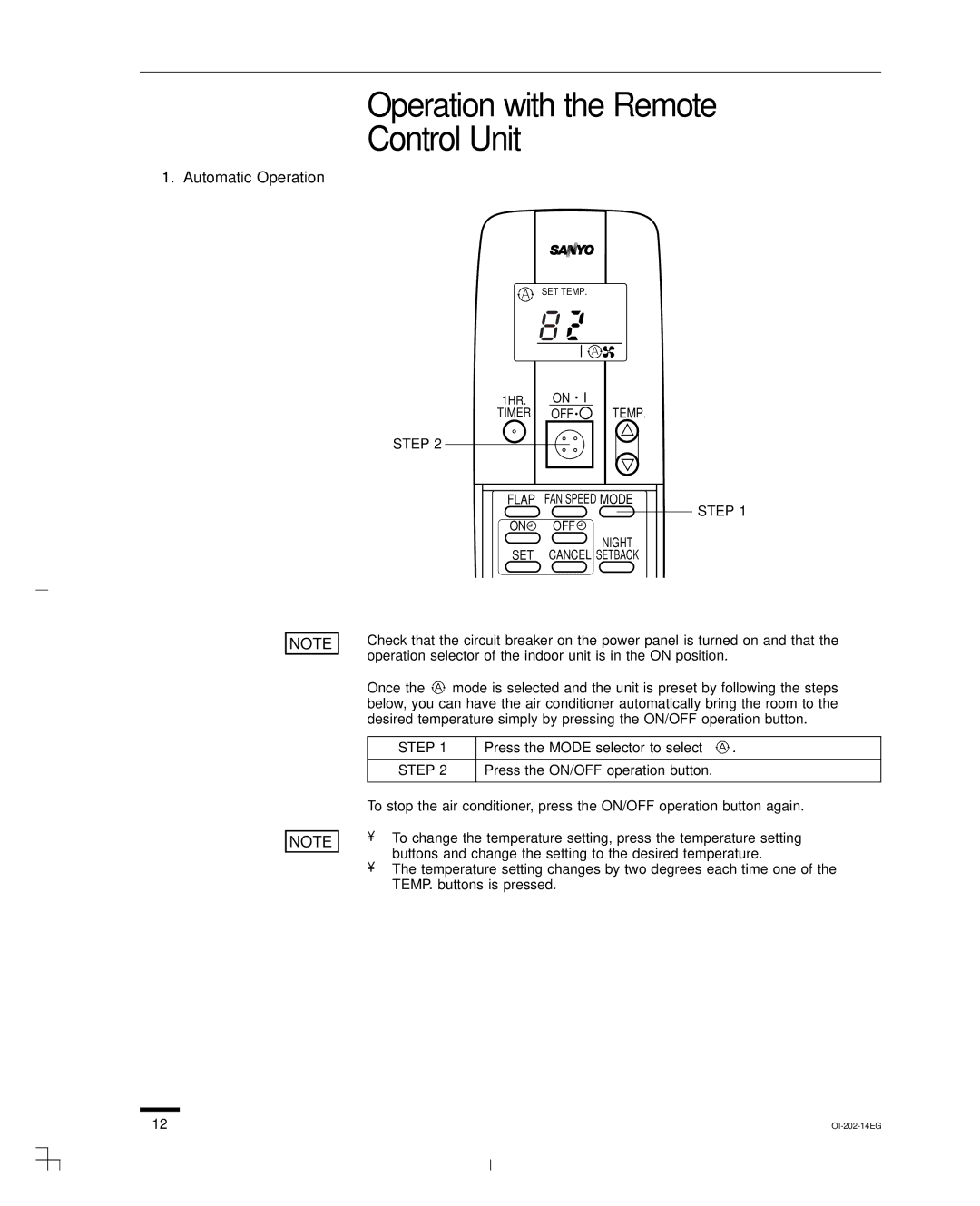 Sanyo KHS1852-S, CH1852 Operation with the Remote Control Unit, Automatic Operation, Press the ON/OFF operation button 