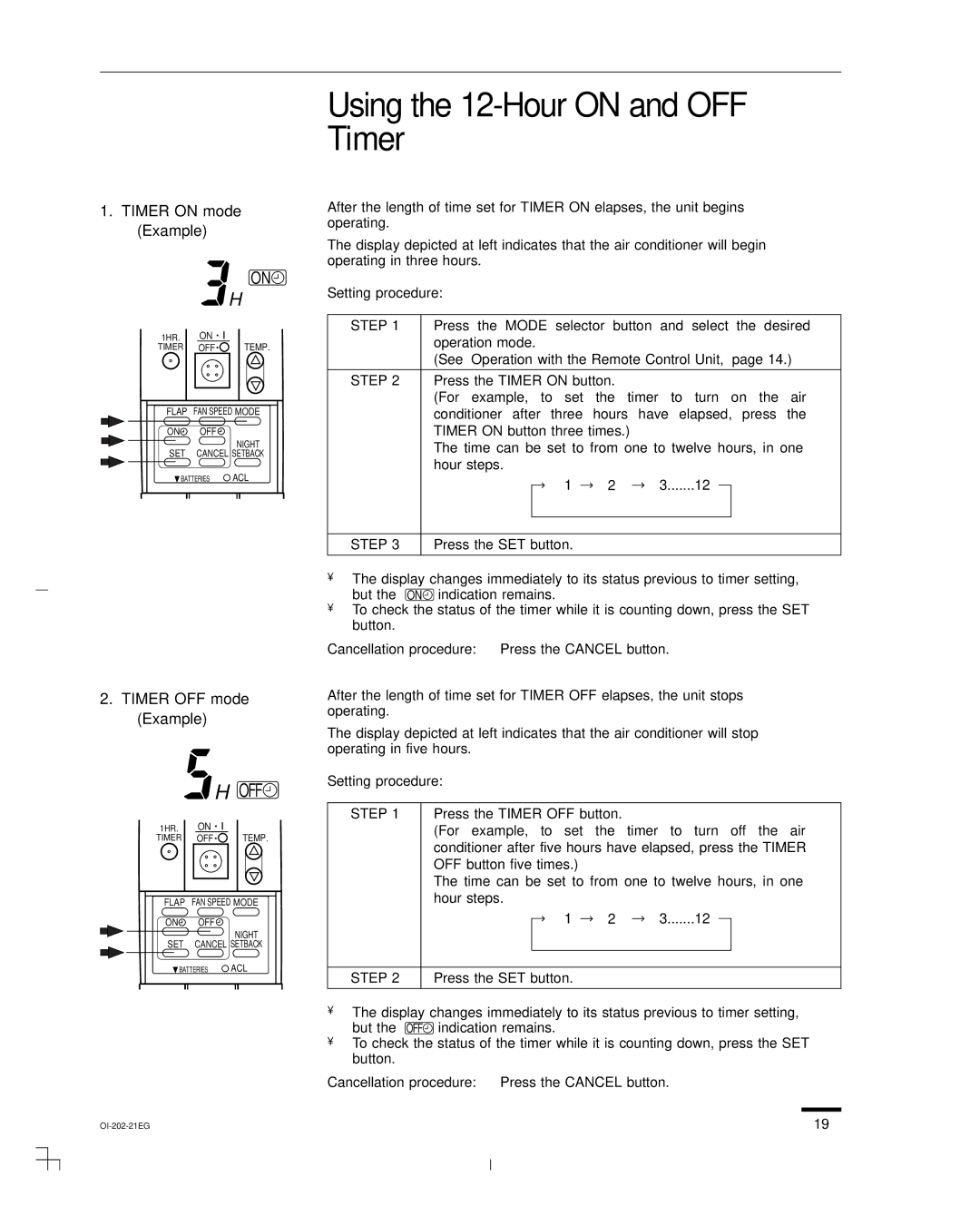 Sanyo CH1852, CH0952 Using the 12-Hour on and OFF Timer, Timer on mode Example, Timer OFF mode Example, Setting procedure 