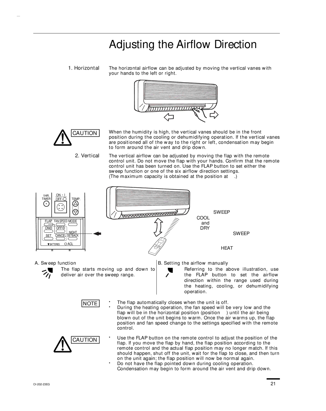 Sanyo KHS1852-S, CH1852 Adjusting the Airflow Direction, Horizontal Vertical, Sweep function, Setting the airflow manually 