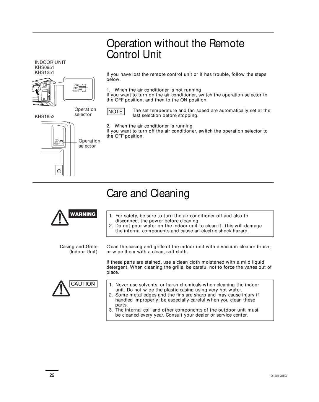 Sanyo CH1852, CH0952, KHS1852-S Operation without the Remote Control Unit, Care and Cleaning, KHS1852 Selector Operation 