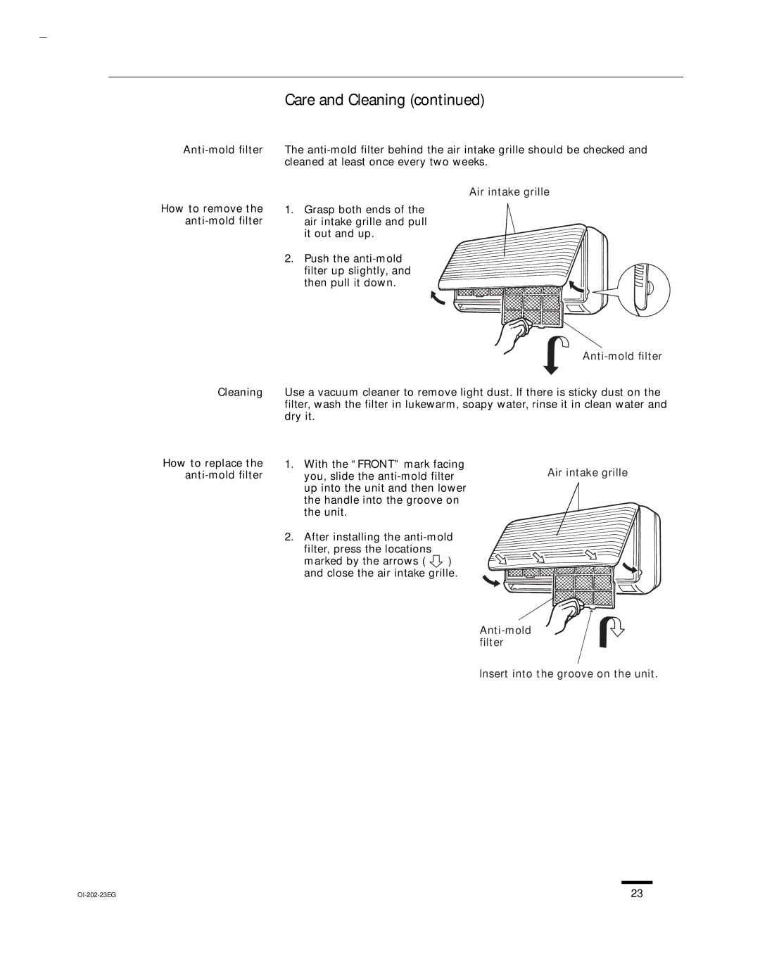 Sanyo CH0952 Anti-mold filter How to remove the anti-mold filter, Air intake grille, How to replace the anti-mold filter 