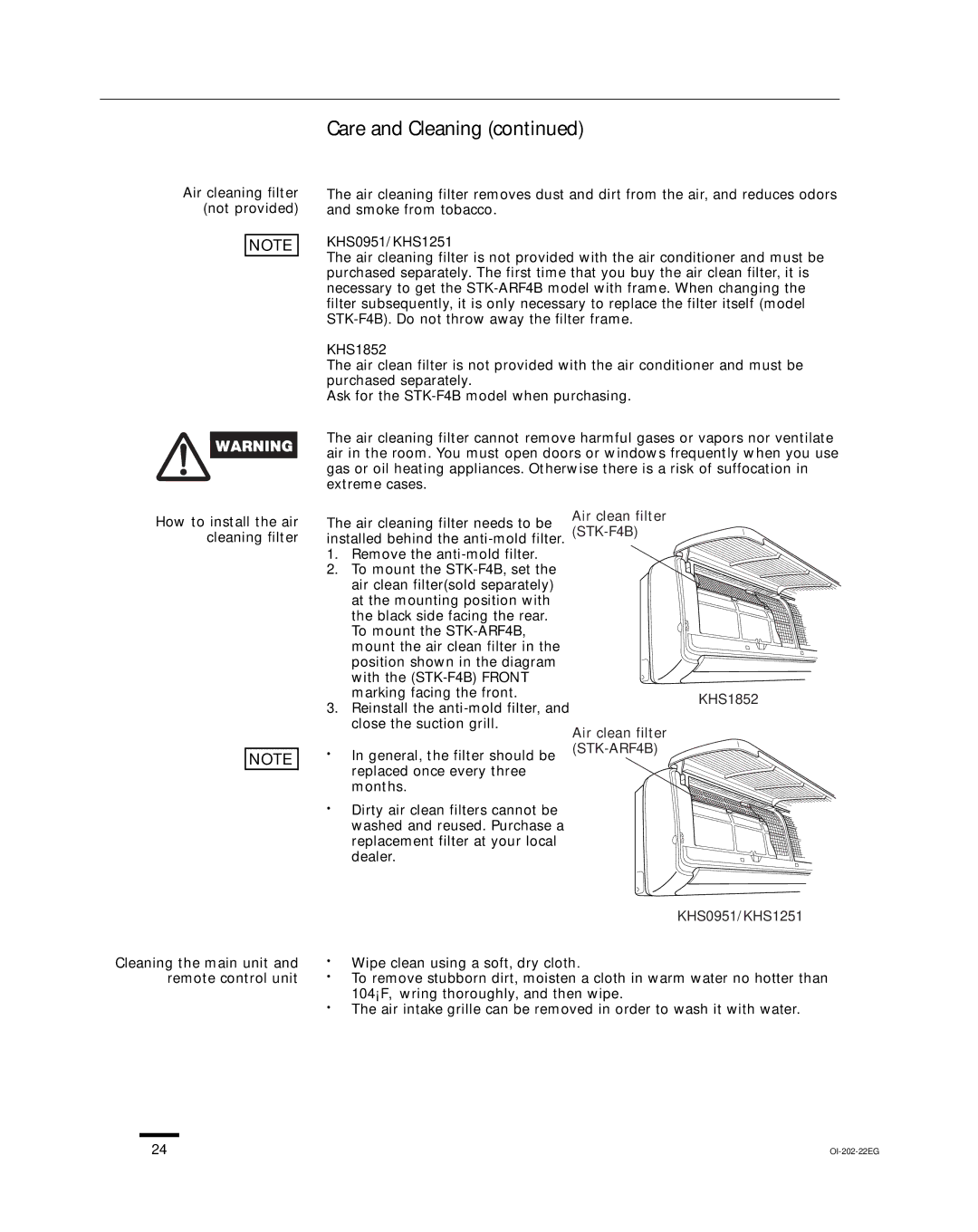 Sanyo KHS1852-S, CH1852, CH0952 service manual Air cleaning filter not provided, KHS0951/KHS1251 