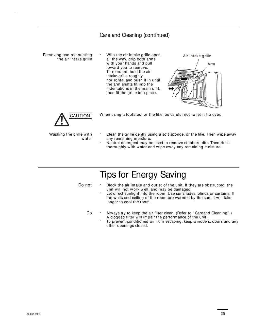 Sanyo CH1852 Tips for Energy Saving, Do not, Removing and remounting, Water, Unit will not work well, and may be damaged 