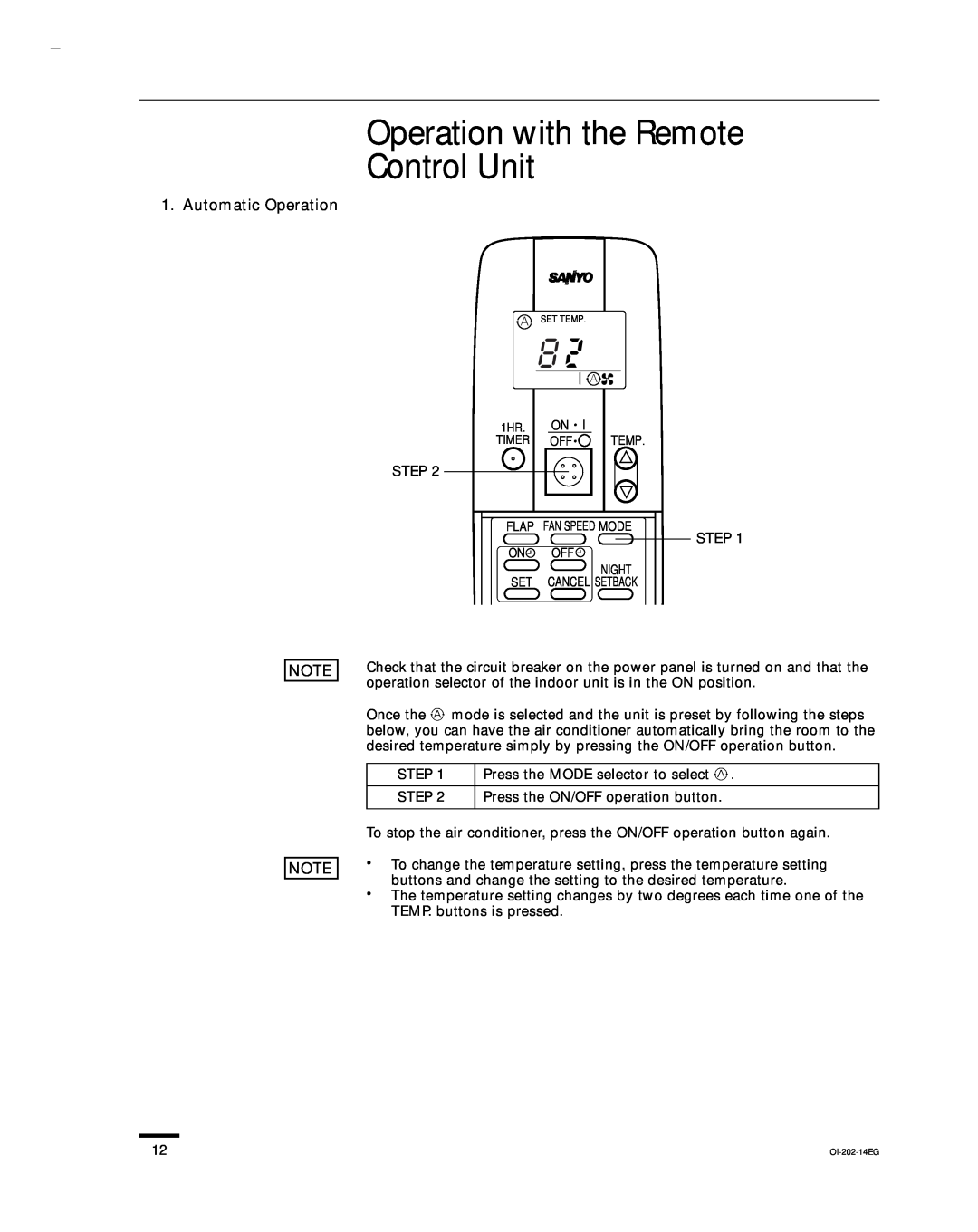 Sanyo KHS1852-S, CH1852, CH0952 service manual Operation with the Remote Control Unit, Automatic Operation 