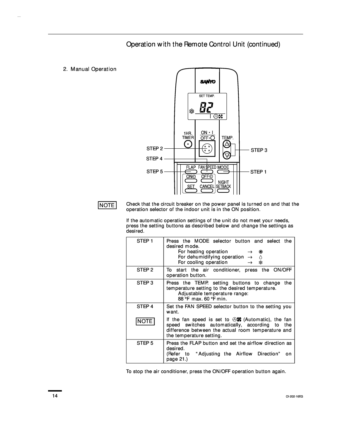 Sanyo CH0952, CH1852, KHS1852-S service manual Operation with the Remote Control Unit continued, Manual Operation 