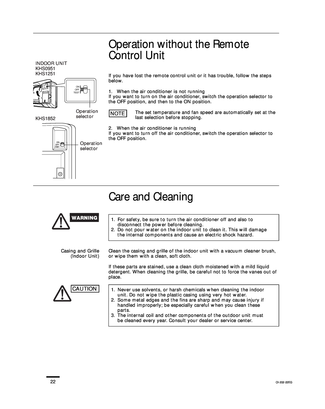 Sanyo CH1852, CH0952, KHS1852-S service manual Operation without the Remote Control Unit, Care and Cleaning 