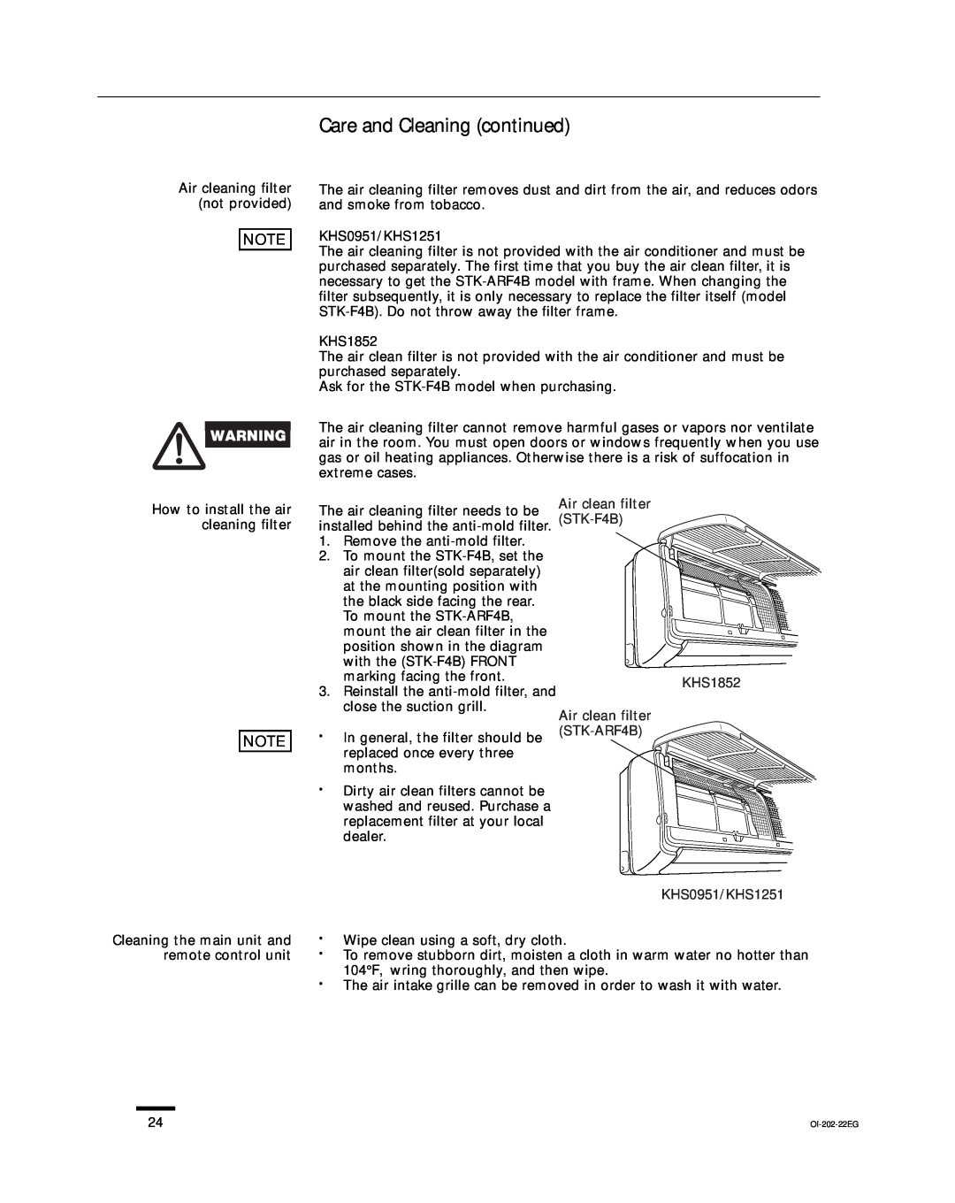 Sanyo KHS1852-S, CH1852, CH0952 service manual Care and Cleaning continued, Air cleaning filter not provided 
