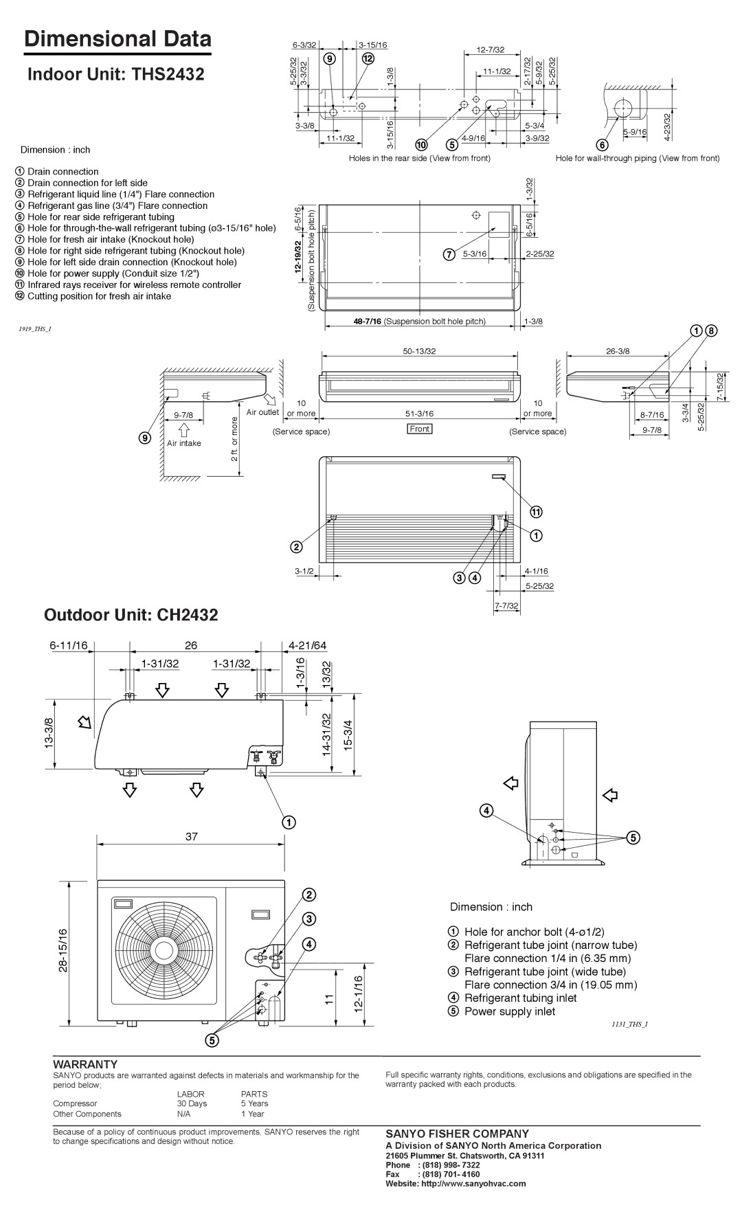 Sanyo warranty Dimensional Data, Indoor Unit THS2432, Outdoor Unit CH2432, Warranty, Sanyo Fisher Company 