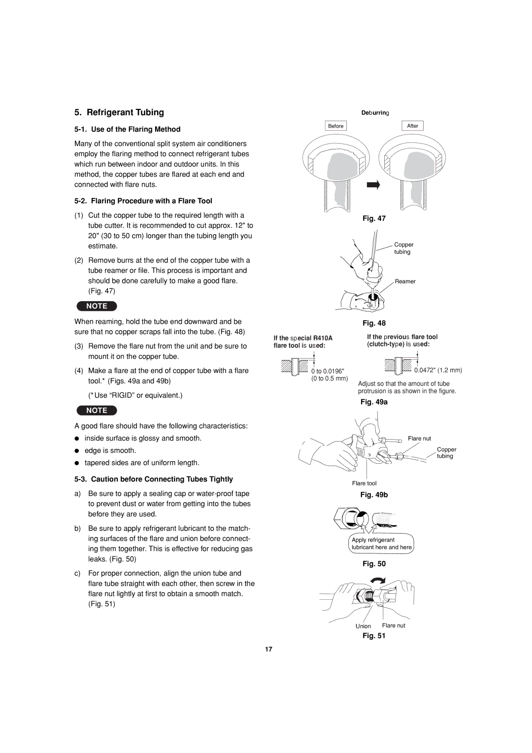 Sanyo CH1872, CH2472 service manual Refrigerant Tubing, Use of the Flaring Method, Flaring Procedure with a Flare Tool 