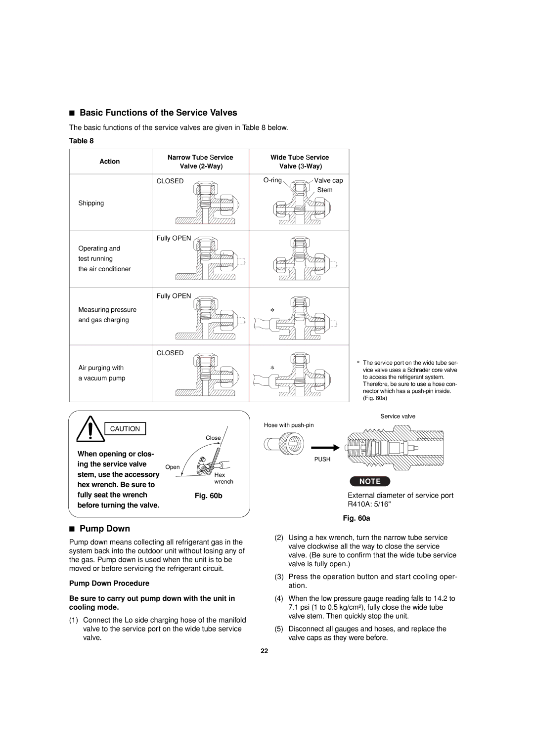 Sanyo CH2472, CH1872 Basic Functions of the Service Valves, Pump Down, When opening or clos Ing the service valve 