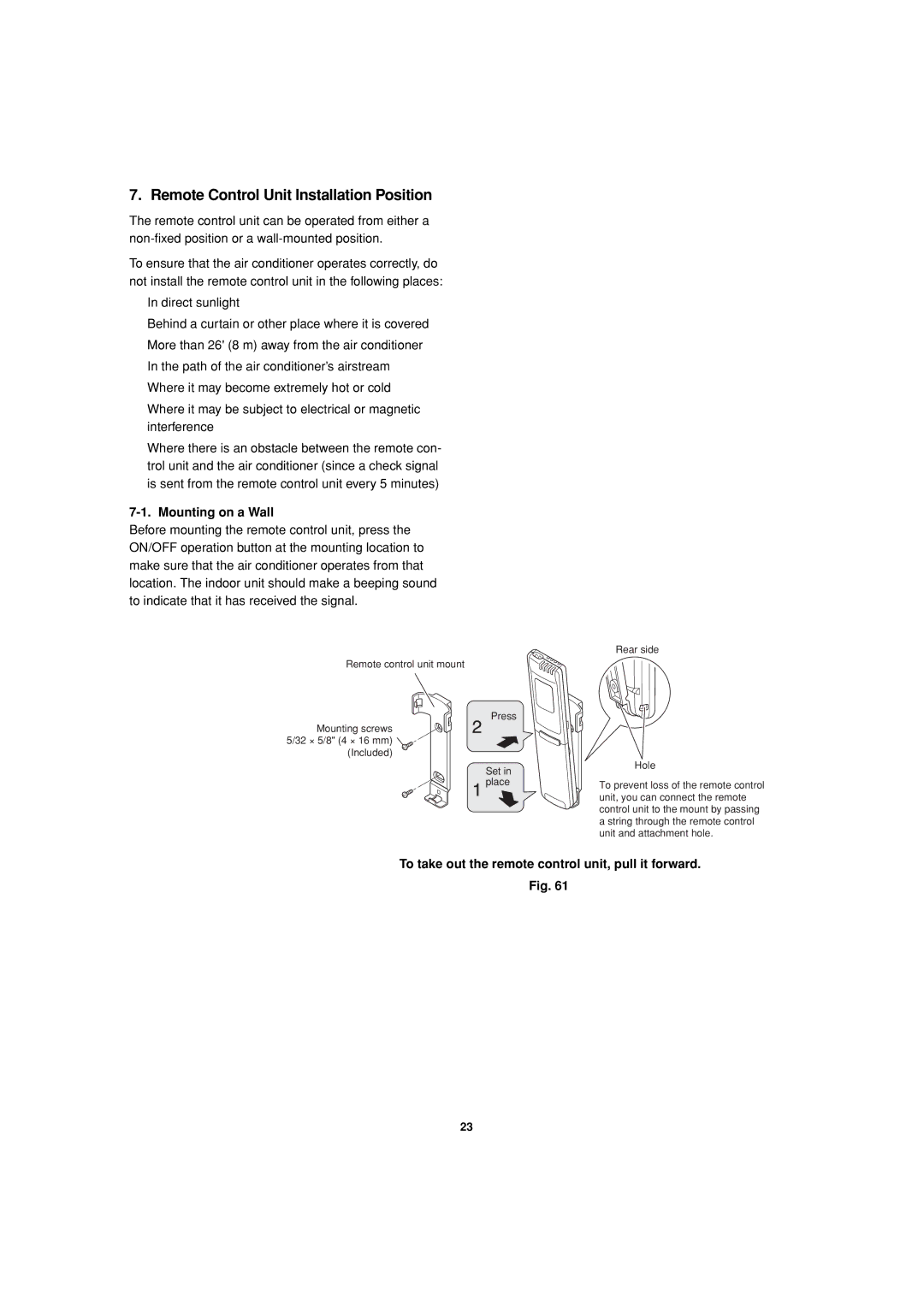 Sanyo CH1872, CH2472 service manual Remote Control Unit Installation Position, Mounting on a Wall 