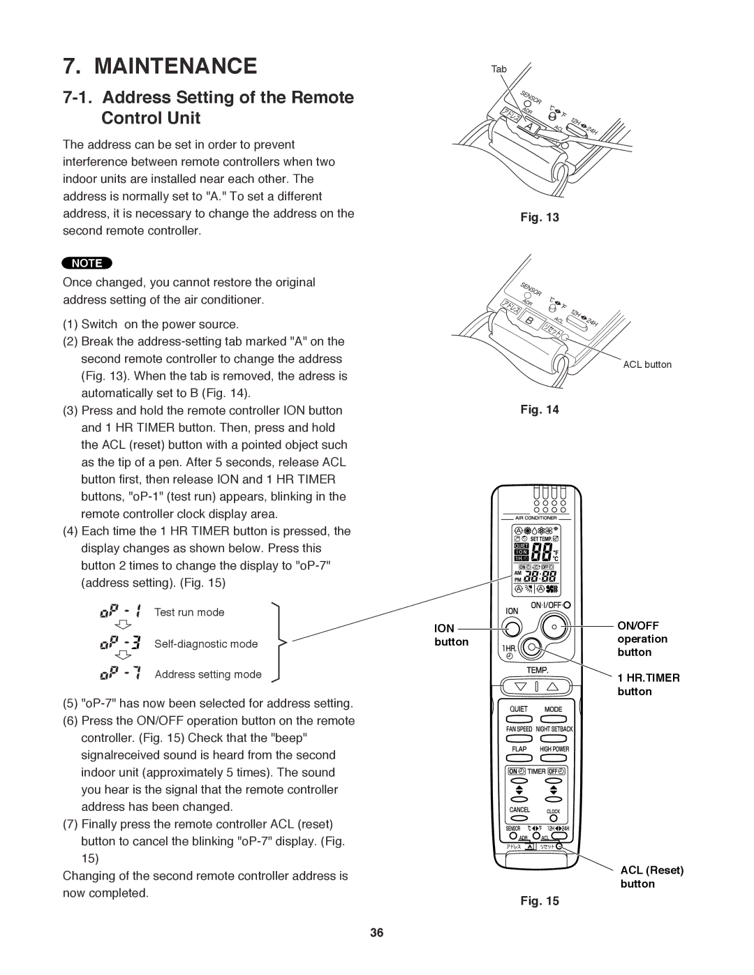 Sanyo CH2472 Maintenance, Address Setting of the Remote Control Unit, Button Operation HR.TIMER button ACL Reset button 