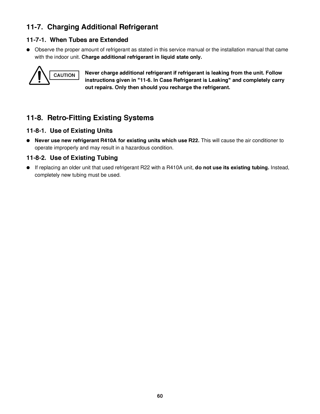 Sanyo CH2472, CH1872 service manual Charging Additional Refrigerant, Retro-Fitting Existing Systems, When Tubes are Extended 