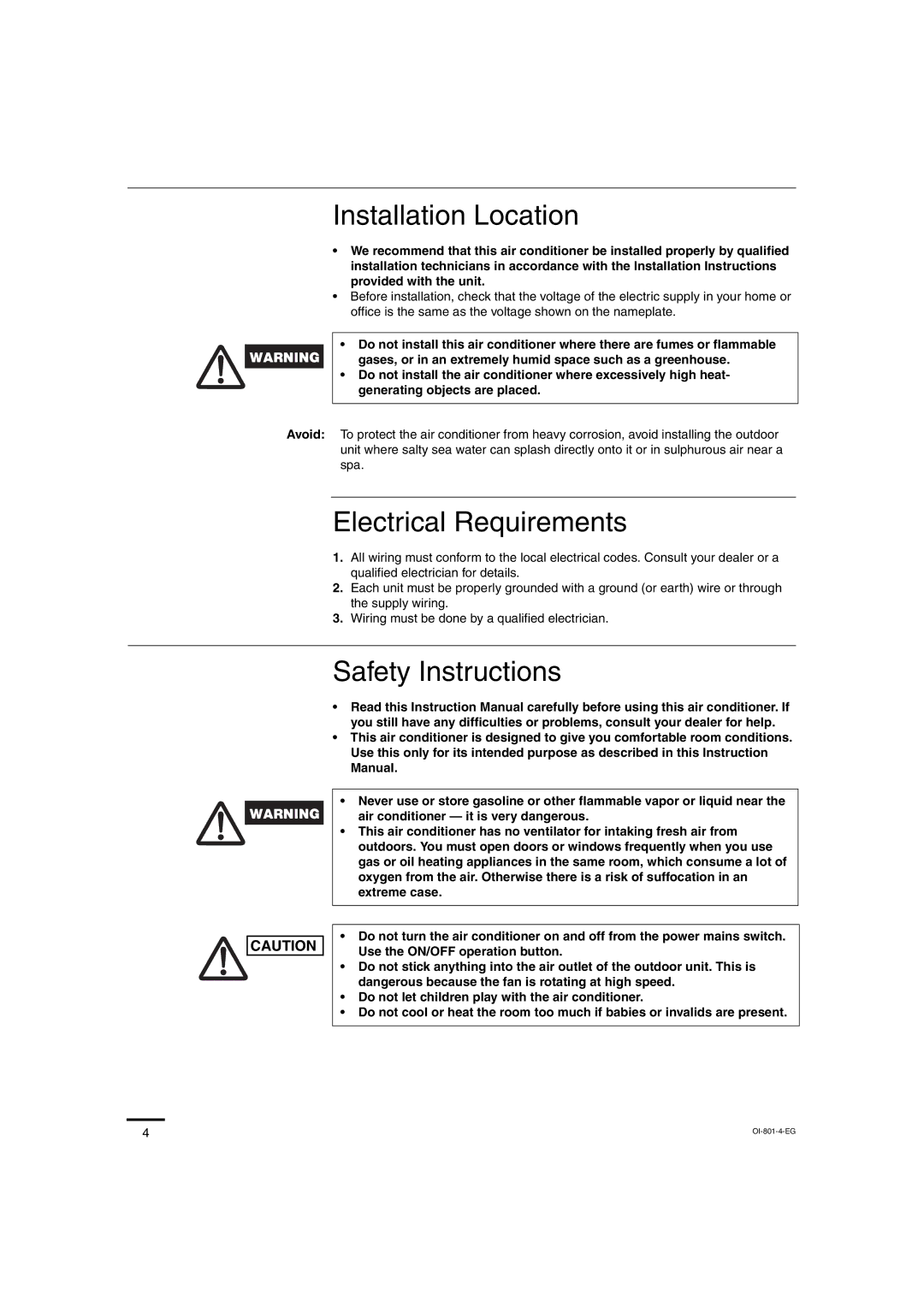 Sanyo CH2472, CH1872 service manual Installation Location, Electrical Requirements, Safety Instructions 