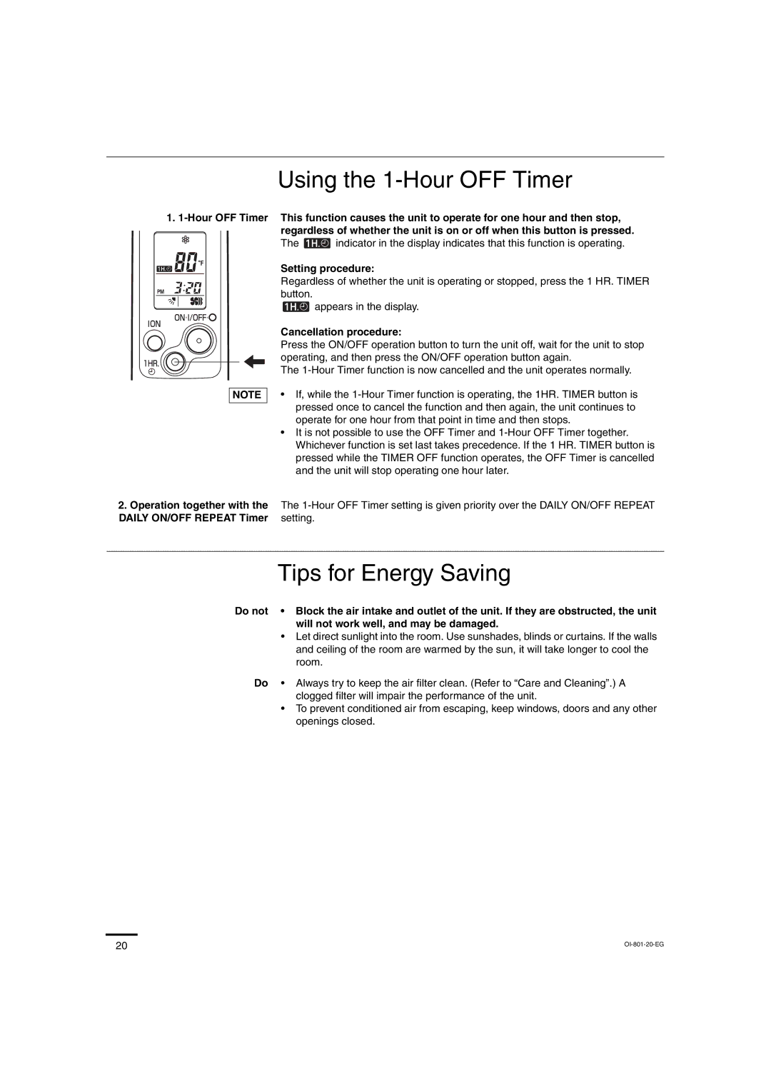 Sanyo CH2472, CH1872 Using the 1-Hour OFF Timer, Tips for Energy Saving, Setting procedure, Cancellation procedure 