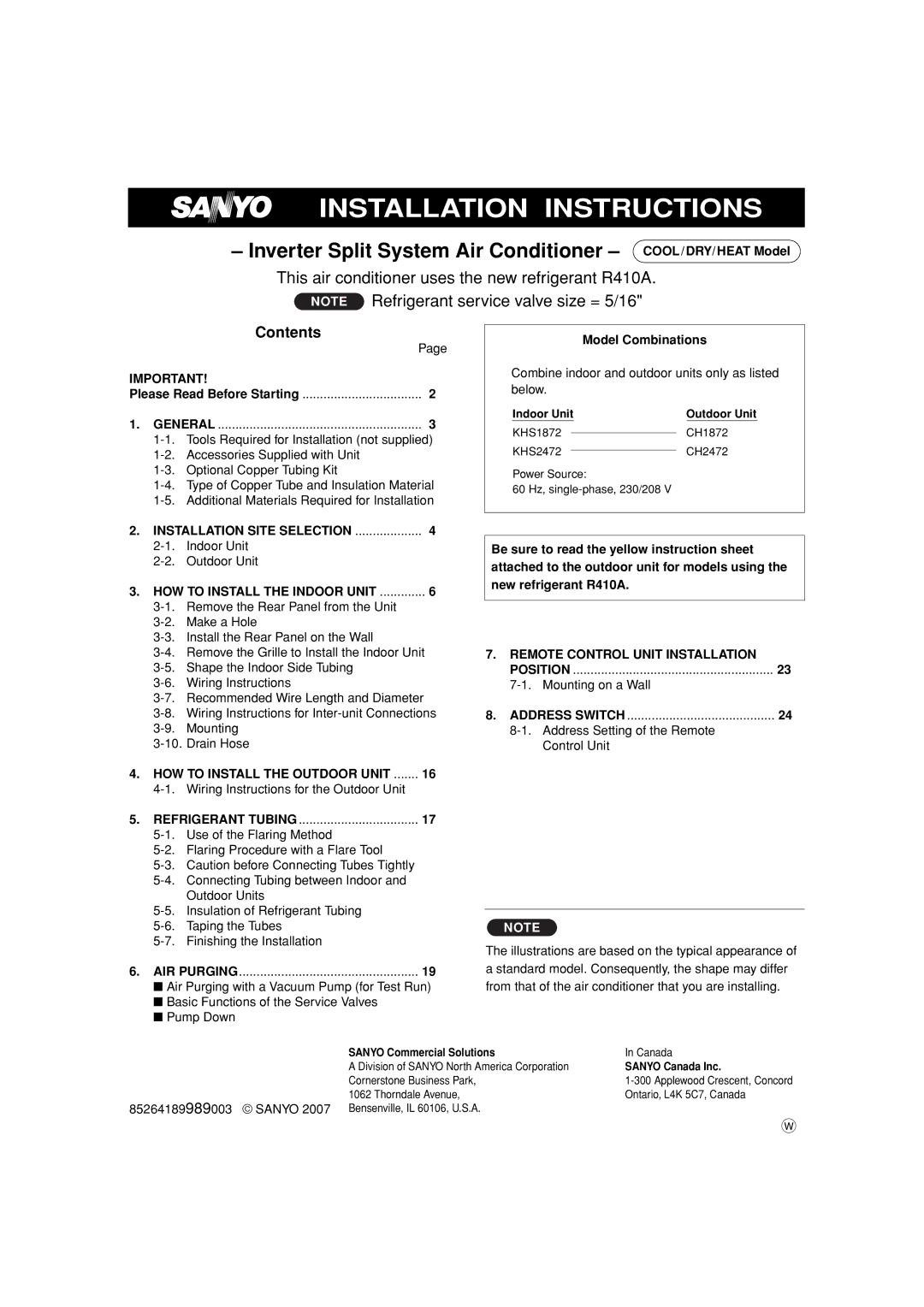 Sanyo CH1872, CH2472 service manual Installation Instructions, Contents 