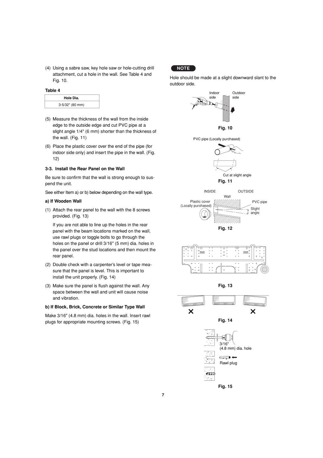 Sanyo CH1872, CH2472 Install the Rear Panel on the Wall, If Wooden Wall, If Block, Brick, Concrete or Similar Type Wall 