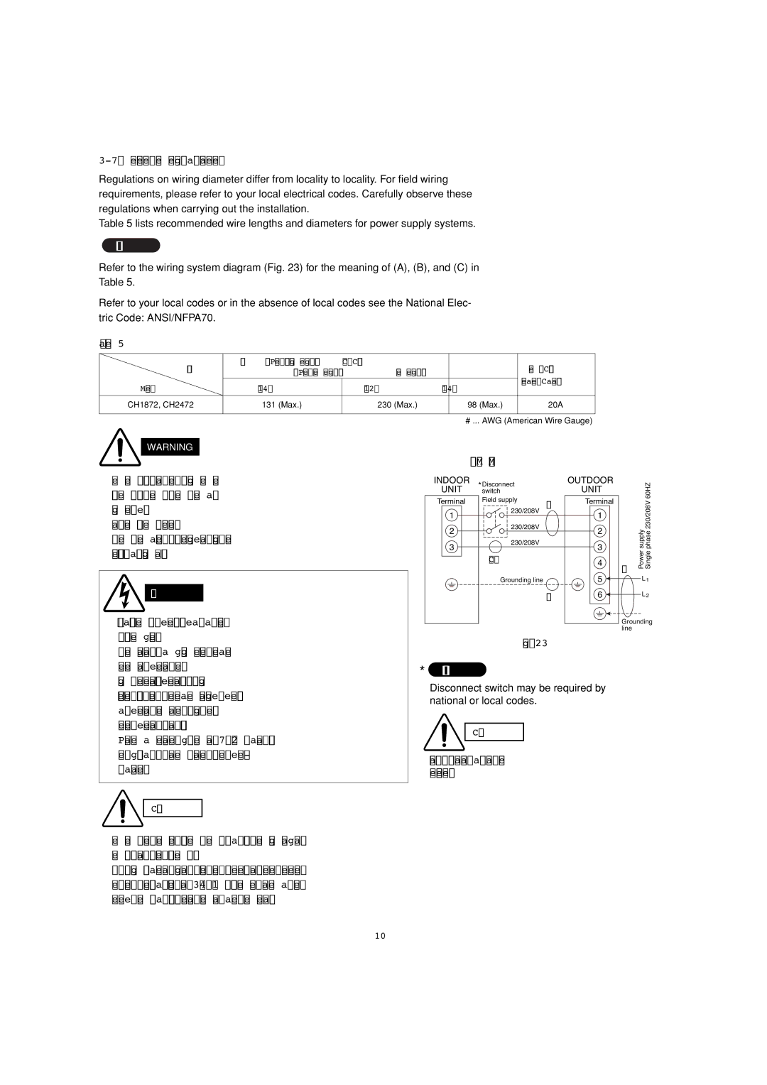 Sanyo CH2472, CH1872 service manual Recommended Wire Length and Diameter, Awg 