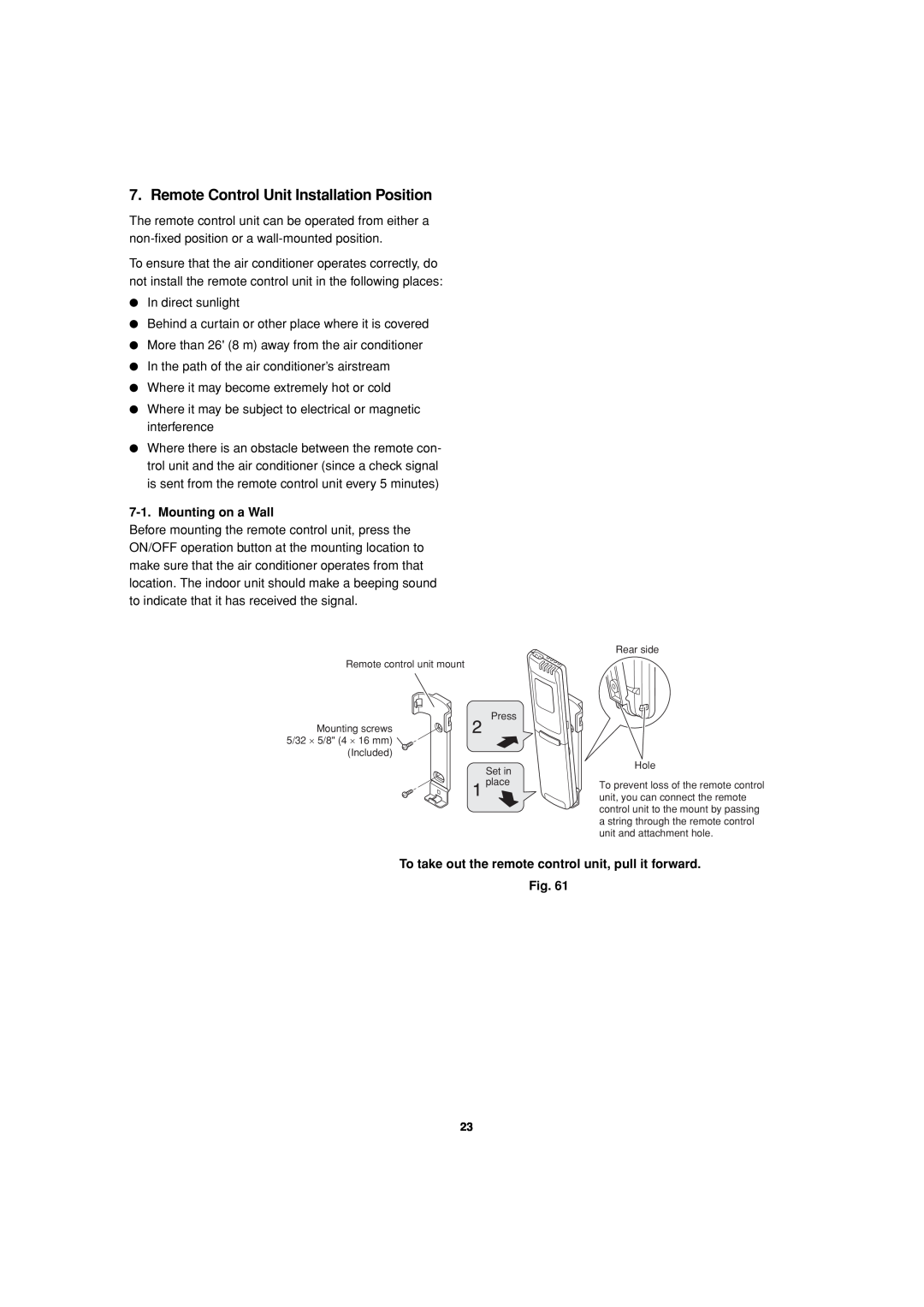 Sanyo CH1872, CH2472 service manual Remote Control Unit Installation Position, Mounting on a Wall, Fig 