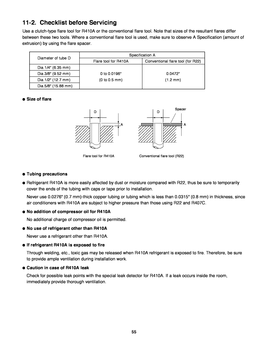 Sanyo CH1872 Checklist before Servicing, Size of flare, Tubing precautions, No addition of compressor oil for R410A 