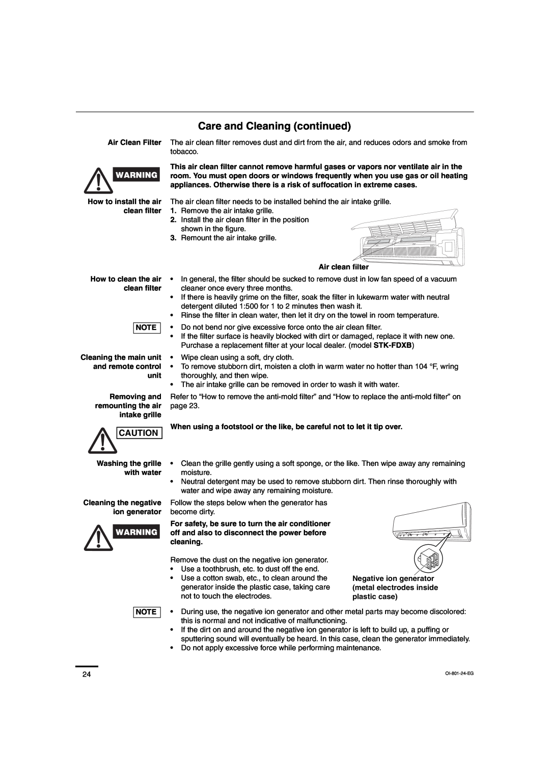 Sanyo CH2472, CH1872 service manual Care and Cleaning continued, Air Clean Filter 