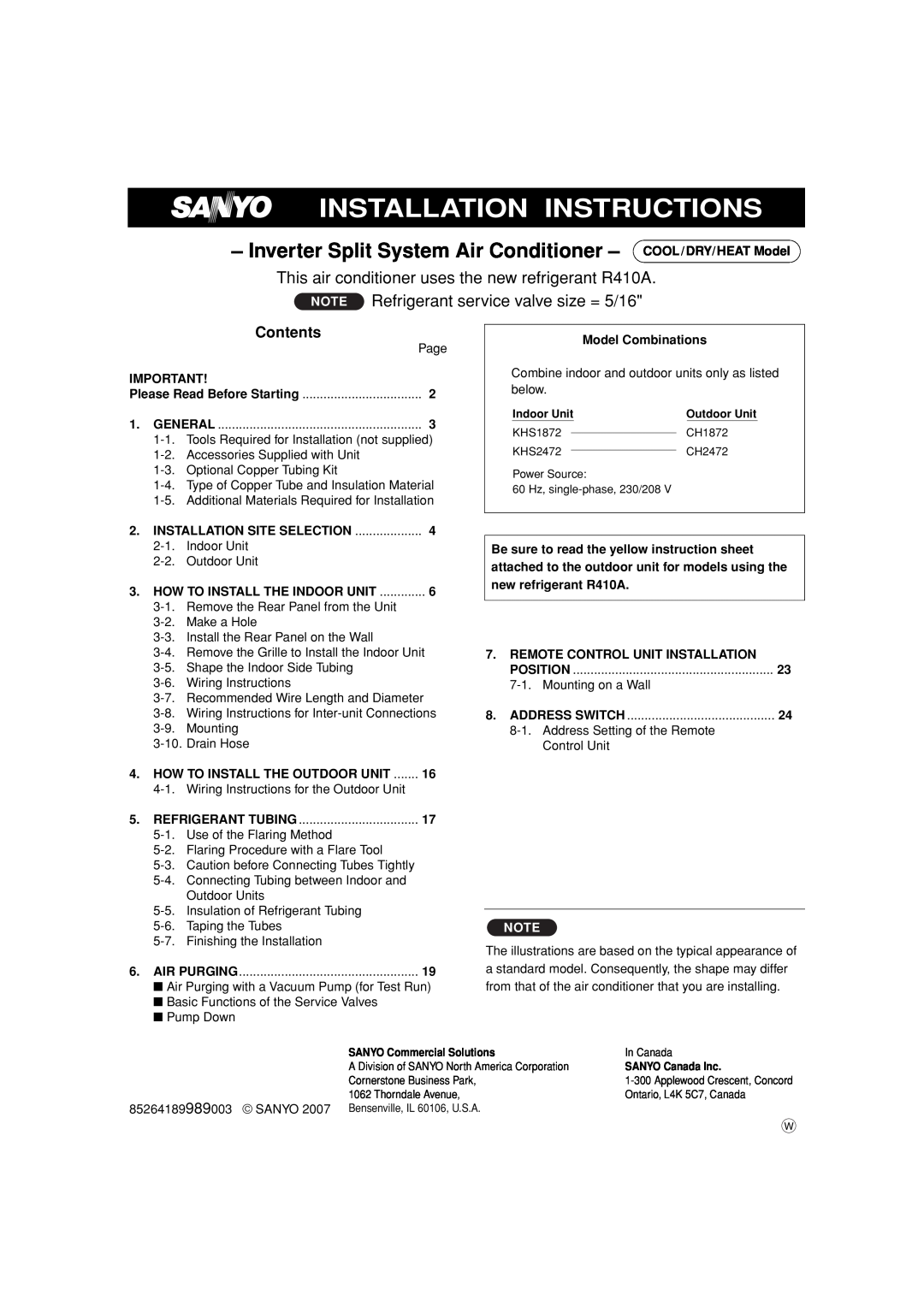 Sanyo CH1872, CH2472 service manual Contents, Installation Instructions, NOTE Refrigerant service valve size = 5/16 