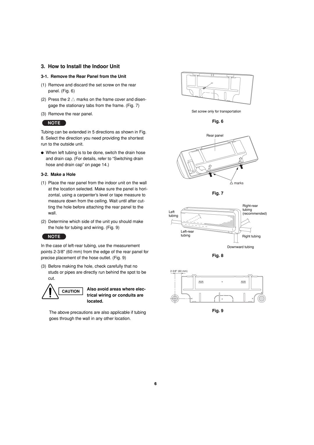 Sanyo CH2472, CH1872 How to Install the Indoor Unit, Remove the Rear Panel from the Unit, Make a Hole, located, Fig 