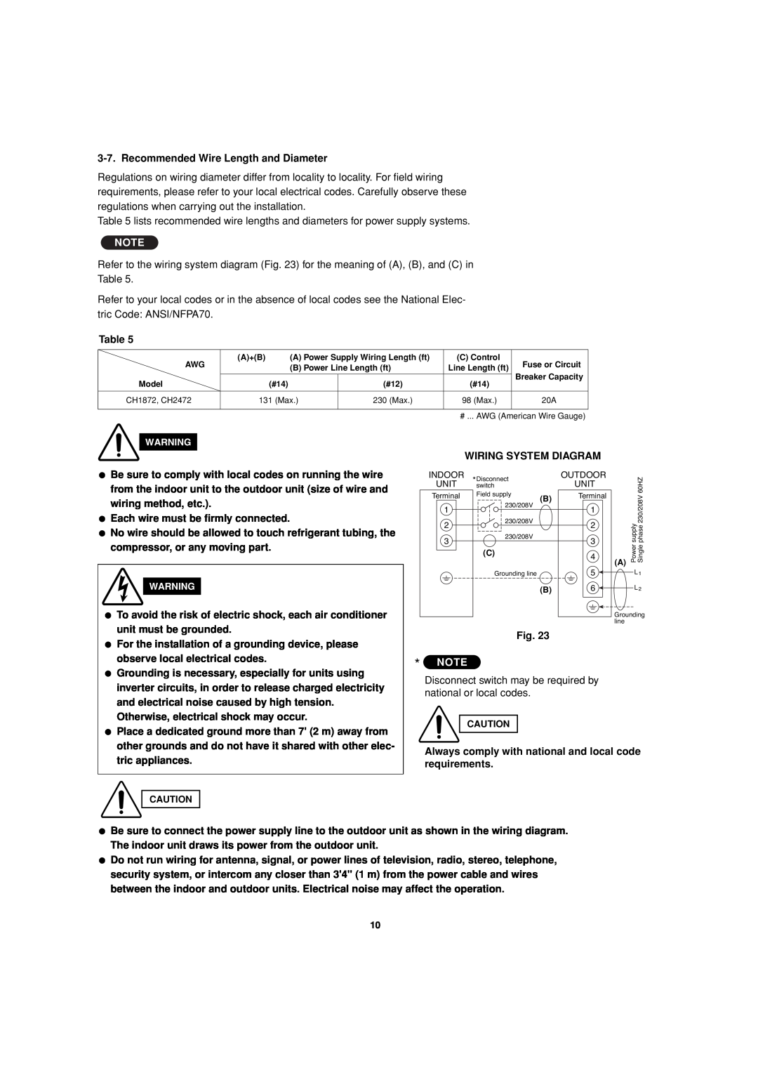 Sanyo CH2472, CH1872 service manual Recommended Wire Length and Diameter 