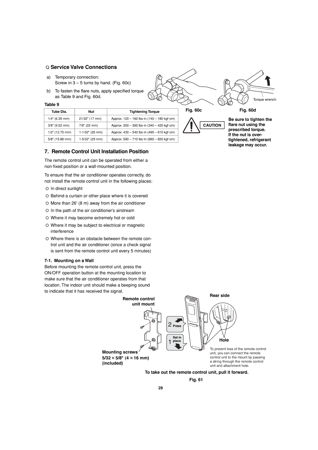 Sanyo KHS3082 + CH3082, KHS3682 + CH3682 Service Valve Connections, Remote Control Unit Installation Position 